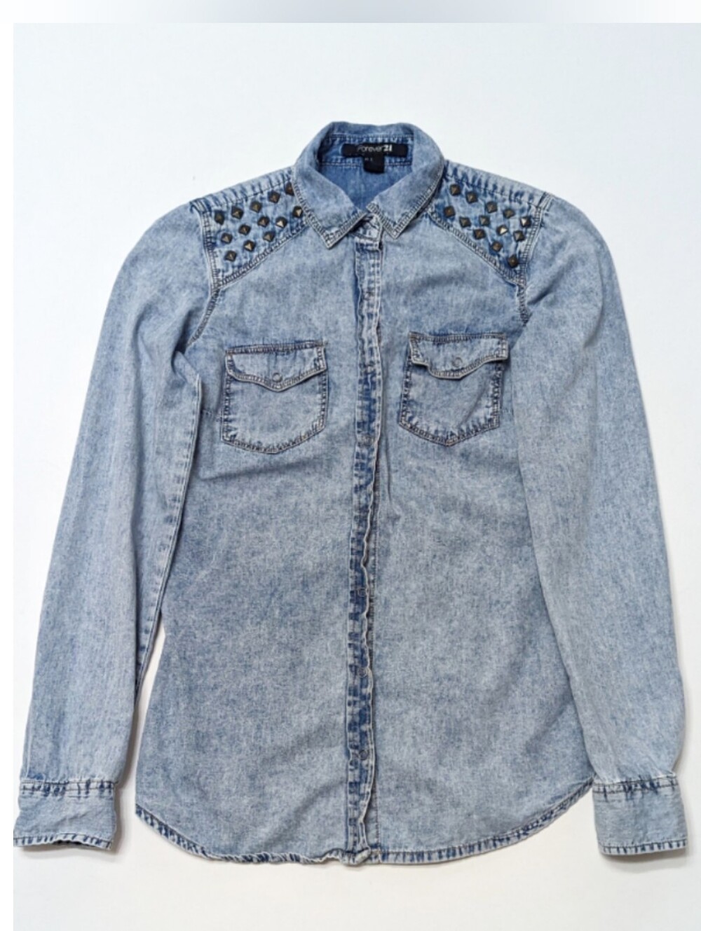 Forever 21 Acid Wash Studded Denim Button Up Shirt Long Sleeve Size S Y2K 90s